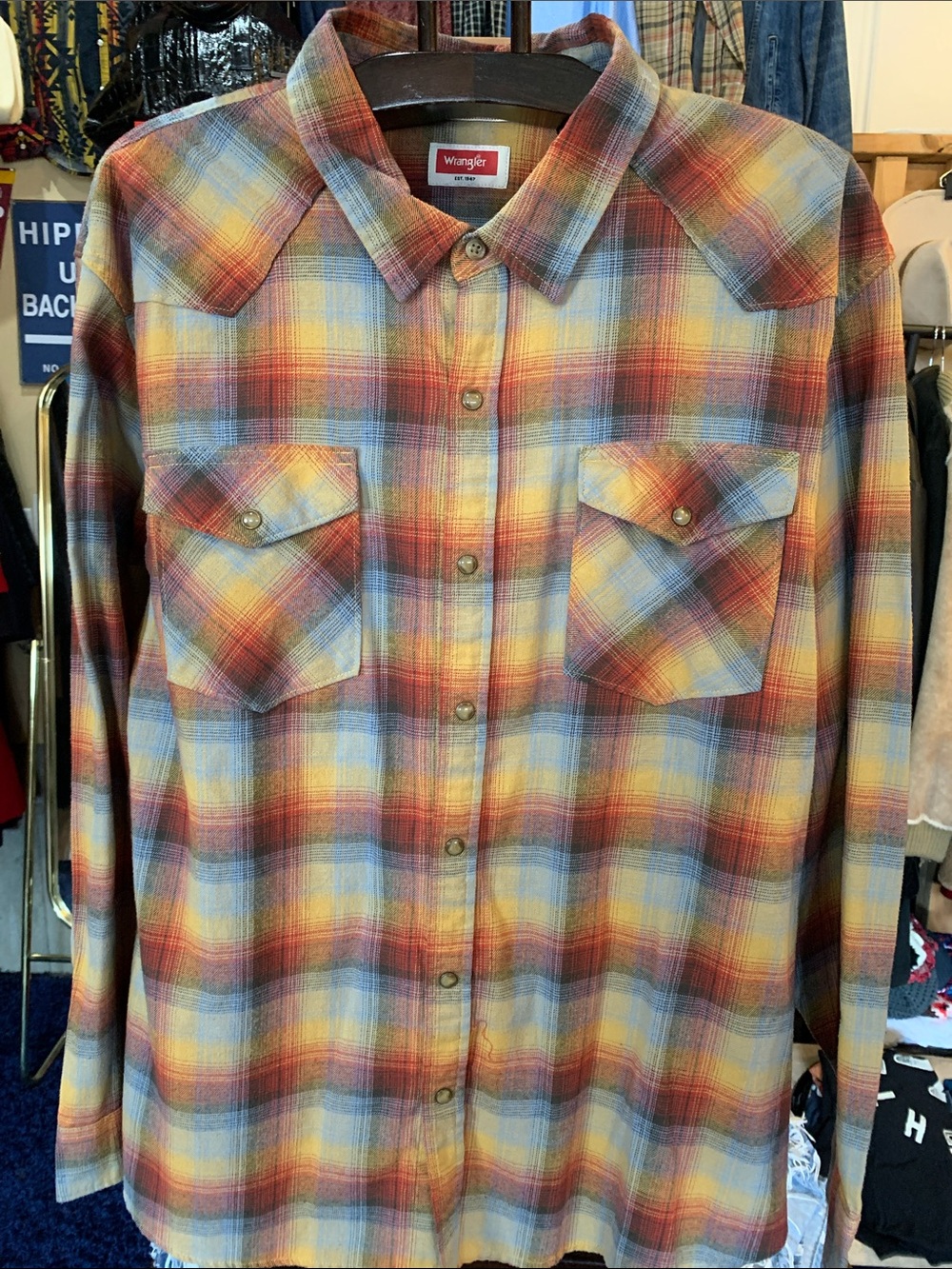 Wrangler Plaid Button-Down Pearlsnap Shirt in Red, Yellow & Blue